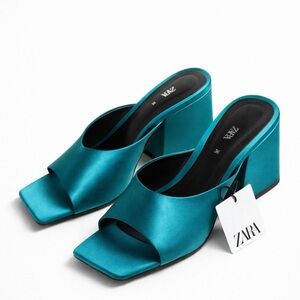 Zara Satin Teal Mule Heels Square Toe Slip On Sandals NWT Sz 6 (36)
